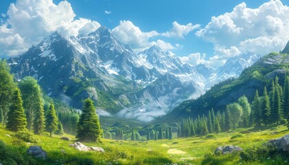 Ethereal landscape with towering mountains, lush trees, and a serene sky