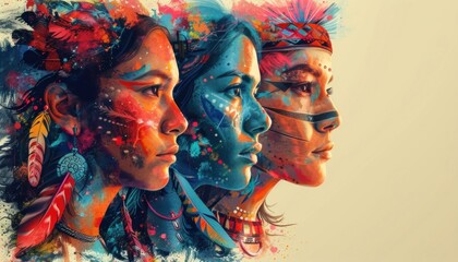 Three young beautiful native american women with colorful face painting looking forward