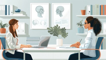 Two doctors examining medical scans on laptop in modern office with plants and posters on walls