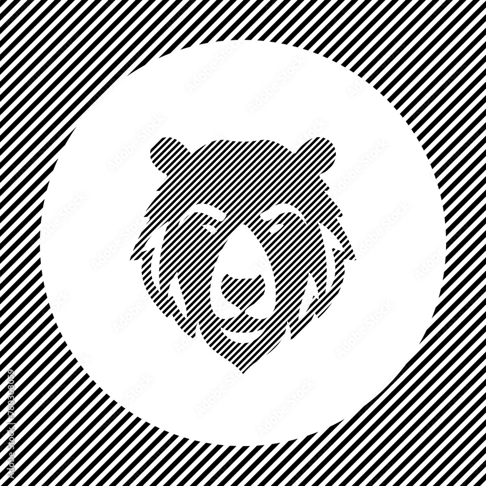 Poster a large bear head icon in the center as a hatch of black lines on a white circle. interlaced effect.