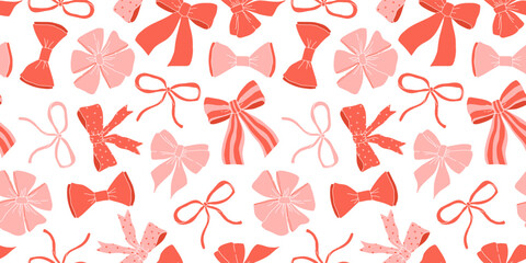 Various pink and red Bow knots, tie ups, gift bows. Hand drawn trendy Vector illustration. Wedding celebration, holiday, party decoration, gift, present concept. seamless Pattern on white background