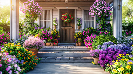 Fototapeta na wymiar Beautiful Home with Flourishing Garden, Elegant Floral and Greenery Landscape, Peaceful Suburban Bliss
