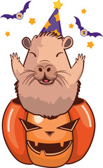 Funny capybara sit in pumpkin. Cute cartoon funny capybara sit in Halloween pumpkin - 780368415