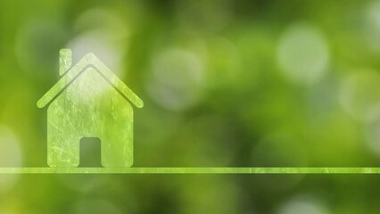 Illustrated eco green house symbol.  Healthy living background with blurred green nature bokeh. 