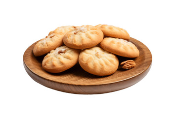 Wooden Plate With Cookies on Table. On a White or Clear Surface PNG Transparent Background.
