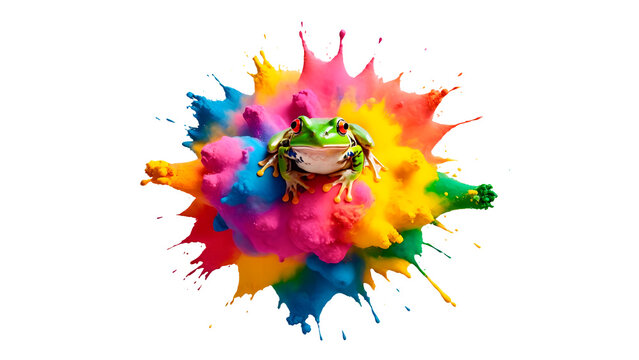 Multicolor powder paint explosion splashing a frog isolated on transparent background with splash. Frog shaped dust explosion. holi paint Colorful powder paint explosion concept with animals