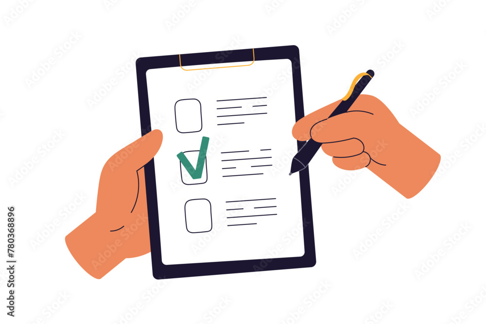 Poster checklist on clipboard. hands ticking, marking checkmark on paper check-list. filling questionnaire,