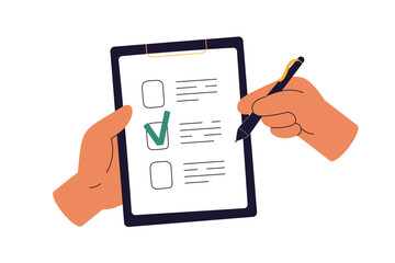 Checklist on clipboard. Hands ticking, marking checkmark on paper check-list. Filling questionnaire, survey form, document, choosing option. Flat vector illustration isolated on white background - 780368896
