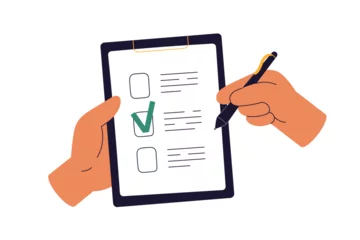 Foto op Plexiglas Checklist on clipboard. Hands ticking, marking checkmark on paper check-list. Filling questionnaire, survey form, document, choosing option. Flat vector illustration isolated on white background © Good Studio