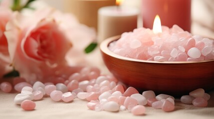Obraz na płótnie Canvas Relaxing spa experience with rose crystals, sea pink salt, and candle decor for zen atmosphere