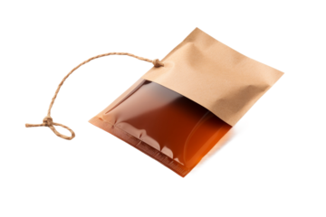 Brown Paper Bag Tied to String. On a White or Clear Surface PNG Transparent Background.