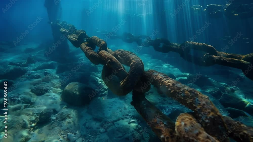 Poster sunlight filtering through the crystal clear water illuminating a network of submerged metal anchors