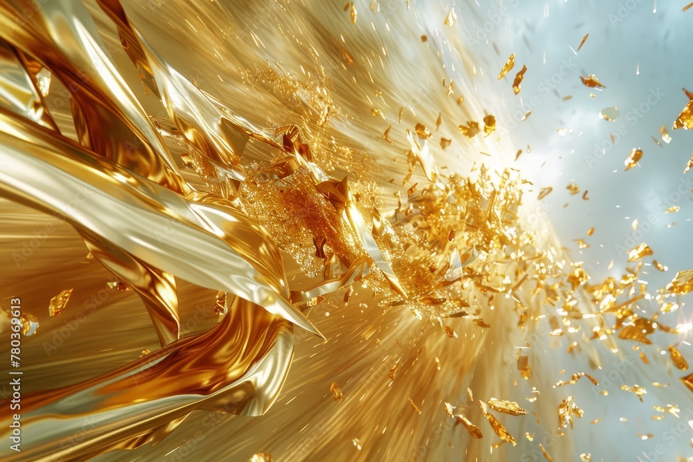 Poster Abstract gold metallic forms soaring high in the sky, featuring fast movements and radial zoom motion blur