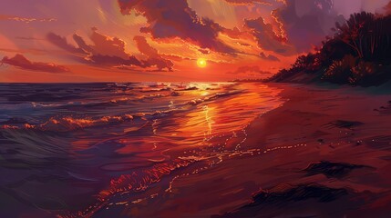 A secluded beach at dusk, where the sky is ablaze with fiery hues of orange and red, and the tranquil sea reflects the colors of the setting sun. - obrazy, fototapety, plakaty