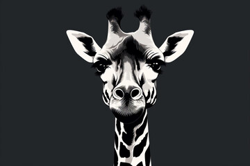 Black and white vector-style face of a giraffe isolated on a solid background.