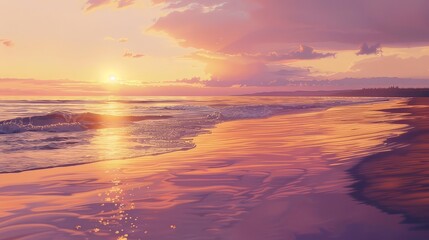 A secluded beach at dusk, where the fading light of day sets the sky ablaze with hues of orange and pink, reflected in the calm waters. - obrazy, fototapety, plakaty