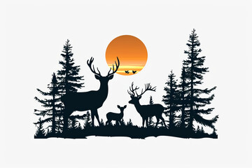 Black silhouette of deer family with baby, forest fir tree, sunset, wildlife adventure