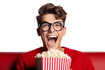 Young man watching a comedy movie Fun and enjoyable atmosphere. Isolated on white background.
