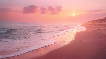 A secluded beach at sunrise, where the first light of day paints the sky in hues of pink and gold, casting a warm glow on the sand.