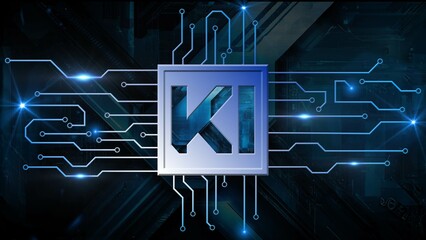 KI letters as cutout into plate and digital circuit lines on blue futuristic background - technology design concept - 3D Illustration