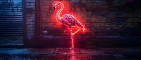 Vivid red flamingo neon sign in urban alley empty street at night. Concept Neon Signs, Urban Landscapes, Night Photography, Street Art, Creative Lighting - obrazy, fototapety, plakaty