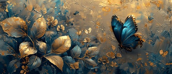 Nostalgic modern art on textured canvas, retro golden brushstrokes of flowers and leaves, with a serene butterfly