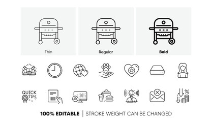 Deflation, Time and Quick tips line icons. Pack of Report statistics, Gas grill, Sports arena icon. Friends world, Mini pc, Reject mail pictogram. Pets care, Parcel invoice, Brand. Woman. Vector