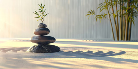 A serene Zen garden with circular raked sand patterns, with  black stones stacked  with small bamboo ,Stacked zen stones sand, spa, calm - obrazy, fototapety, plakaty
