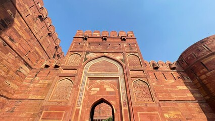 Agra Fort is a Historic red sandstone fort. Agra Fort is a UNESCO World Heritage site in the city of Agra India close up with selective focus and blur