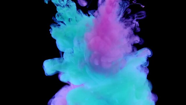Dive into a visual masterpiece as vibrant blue and purple inks merge in water, creating a mesmerizing spectacle in this stock video.