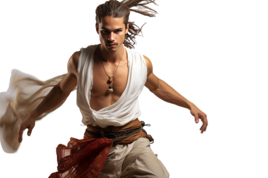 Young man learning traditional dance Fun and exotic atmosphere,Isolated on white background