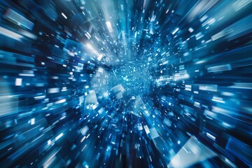 Dynamic abstract blue metallic forms hurtling through the high atmosphere, featuring rapid movement and radial zoom motion blur.