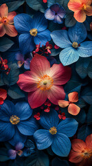 Floral pattern background and decorations with red and blue flowers