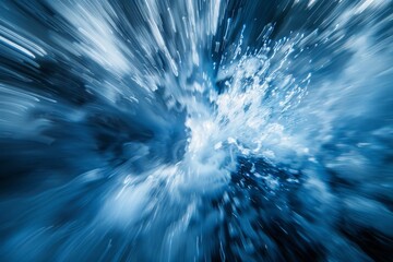 Dynamic abstract blue metallic forms hurtling through the high atmosphere, featuring rapid movement and radial zoom motion blur.