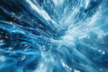 Dynamic abstract blue metallic forms hurtling through the high atmosphere, featuring rapid movement and radial zoom motion blur. - obrazy, fototapety, plakaty