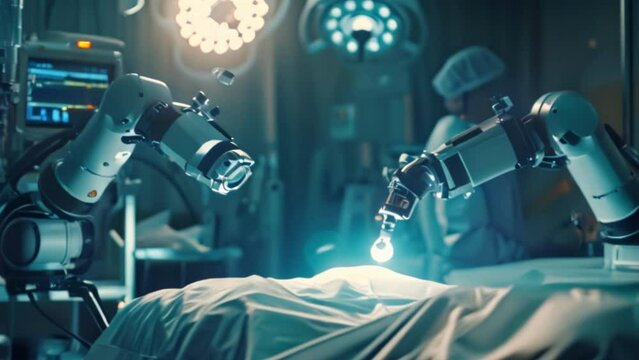 A futuristic medicine and laser surgery robot arm technology In the operating room for future precision surgery shows technological holograms.