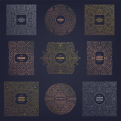 Vector set of art deco frames, line design patterns. Golden, silver, copper borders, luxury labels, abstract logos. Vintage gatsby fancy package elements.