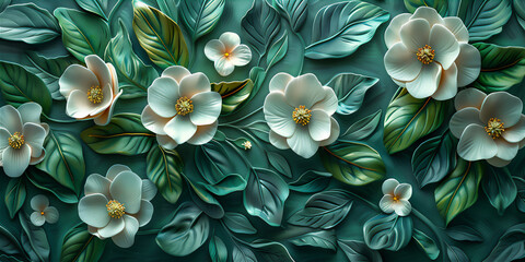 Green petal pattern with white flowers background and decorations - Powered by Adobe