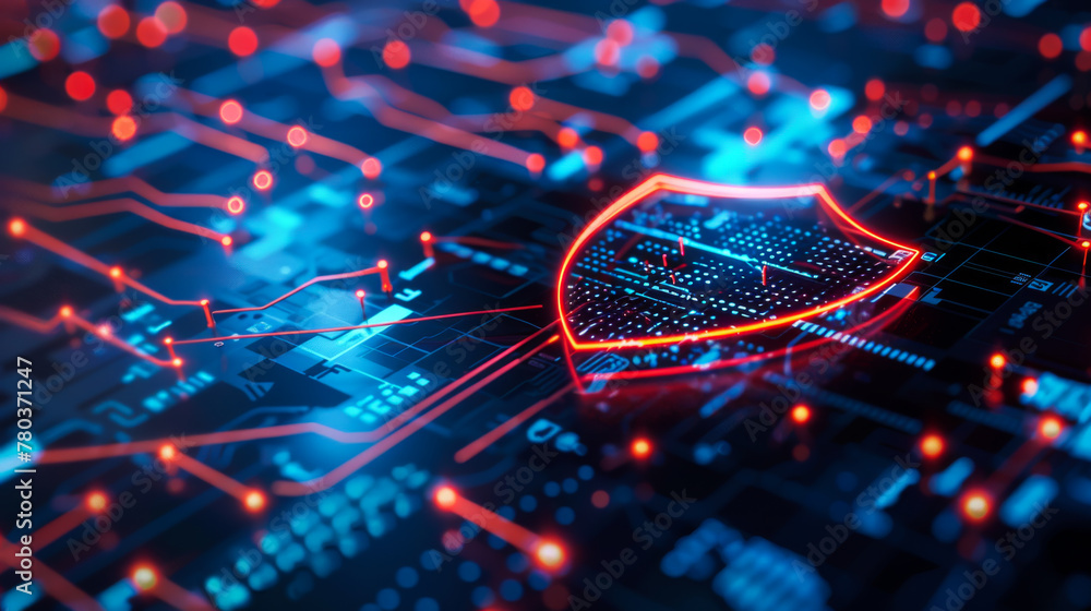 Poster computer network security protection and data security. in a modern chip built-in protection icon sh