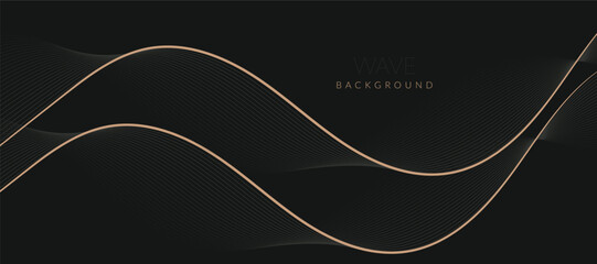 Stylized line art background design with black and golden wavy lines. Design elements of science and technology elements with line design. Vector illustration of black and golden wave lines.
