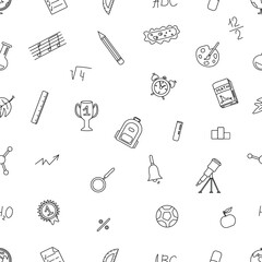 Seamless school pattern. Hand drawn doodle school background. Education illustration