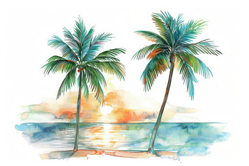 Watercolor painting of palms, tree beach with ocean sea, sunset, design for logo