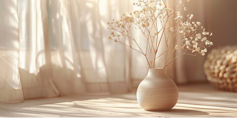 vase with flowers on beige wall background - obrazy, fototapety, plakaty