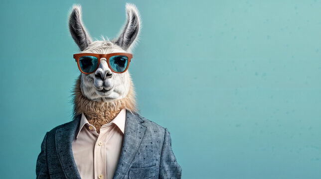 A llama wearing a suit and sunglasses on a light blue background
