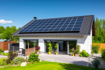 Modern eco-house with solar panels on the roof. Environmentally friendly electrical system - obrazy, fototapety, plakaty