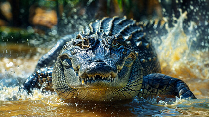 Obraz premium Closeup of a big crocodile running through the water