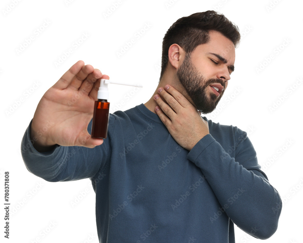 Sticker Young man holding throat spray on white background