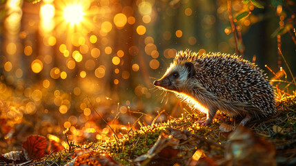 Hedgehog is standing in a forest during sunset