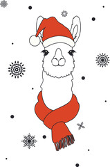 Portrait of llama in red hat and scarf. Cute llama wear red christmas hat and scarf illustration. - 780372002