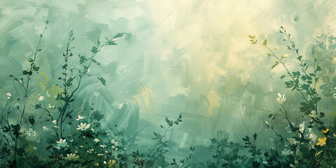 Obraz na płótnie Canvas abstract green small flowers painting on canvas, digital art, copy space